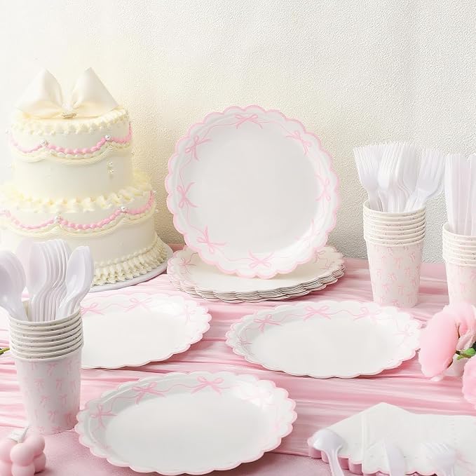Sieral 144 Pcs Coquette Birthday Party Decor, Scalloped Paper Plates, Napkins - Image 3