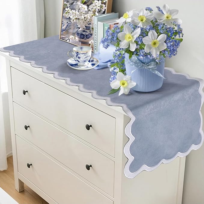 Small Dusty Blue Table Runner 15x36 Inch, Vintage Scalloped Coffee Table Cover - Image 6