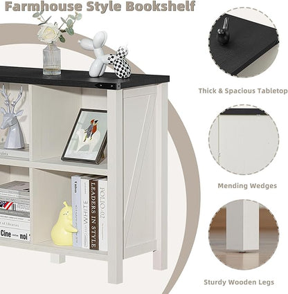 Farmhouse 6 Cube Bookshelf, Antique White & Black Wooden Storage Organizer Book Shelf, 47" Cubby Hallway Bookcase, Kids Toy Storage Cabinet, Modern Open Book Case for Living Room, Playroom