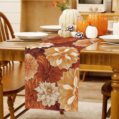 Vintage Orange Dahlia Flower Autumn Table Runner Fall Floral Burlap Table - Image 3