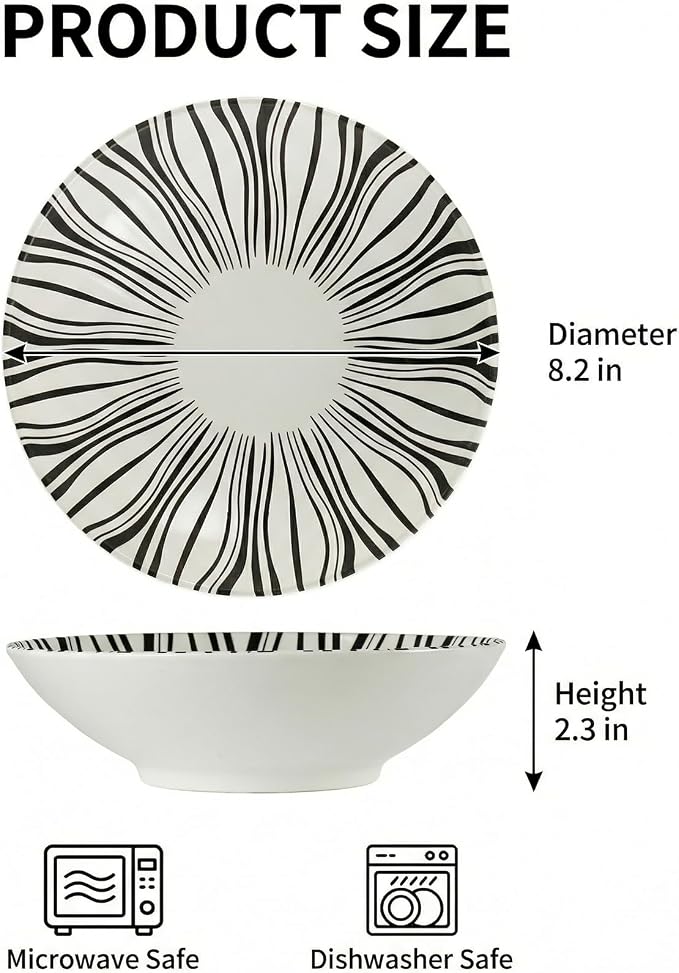 8 Inch Ceramic Bowl Set of 2, Classic Black and White Pasta Bowl, Salad Bowls - Image 3