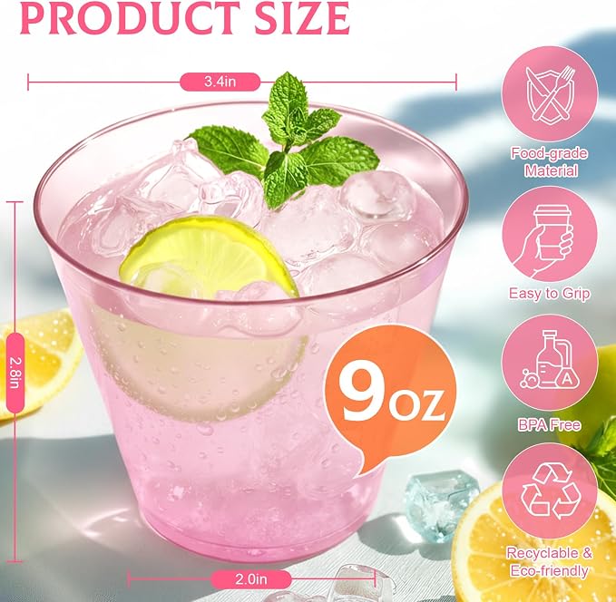Glowserve 9 OZ Pink Disposable Plastic Cups Cocktail Cup 50 Pack | Fancy - Image 4