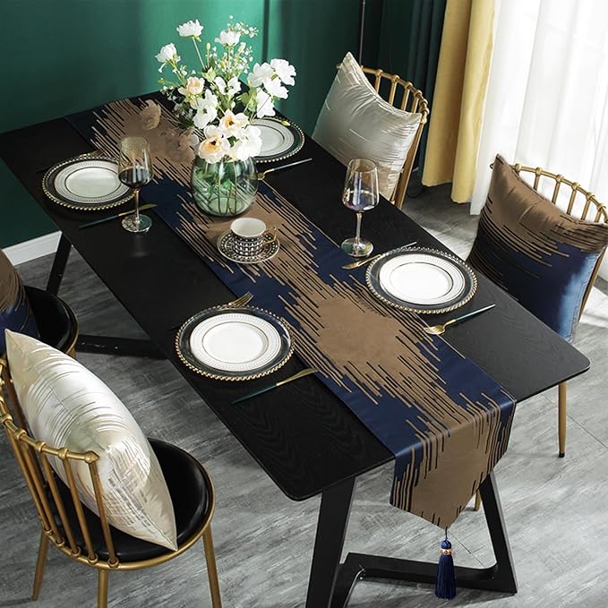 Luxury Blue Table Runner 13x98 Inch, Modern Abstract Geometric, Tassels | - Image 6