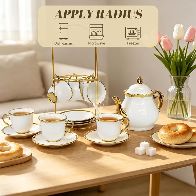 20 Pcs Porcelain Tea Set with Metal Holder, Adult Tea Set Gift, Large European - Image 8