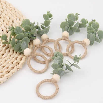 24 Pcs Napkin Rings with Artificial Eucalyptus Leaf Wood Bead Jute Rope - Image 5