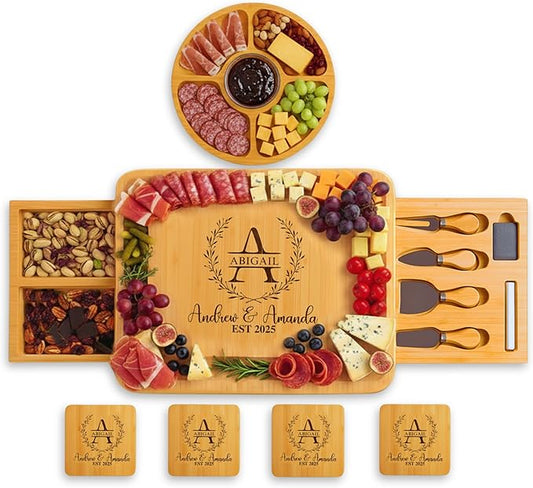 Personalized Bamboo Charcuterie Board Set with Fruit Tray - Housewarming, New Home, Gift for Couples, Wedding, Anniversary, Birthday, Bridal Shower, Women, Men, Valentines Day Gifts for Her, Him