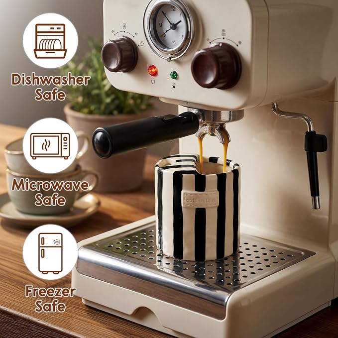 10oz Ceramic Coffee Mug with Sip Hole, Striped Espresso Cups - Image 3
