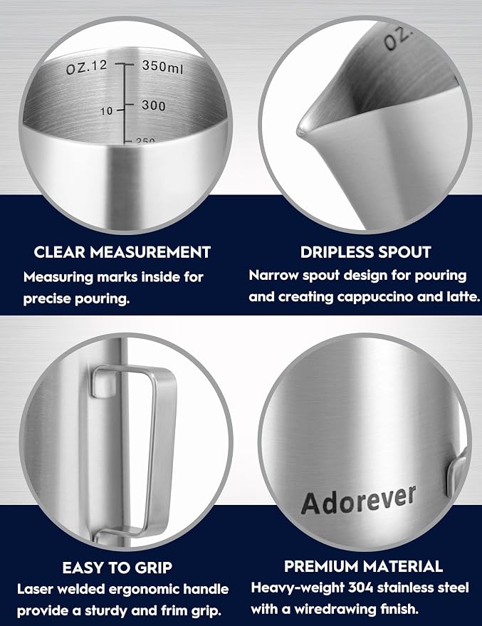 Adorever Milk Frothing Pitcher, 12oz Stainless Steel Milk Frother Cup Steaming - Image 8