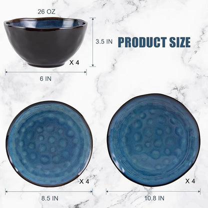 Dinnerware Set Blue 12 Pieces Service for 4, Stoneware Plates and Bowls Set Stoneware Set, Dishwasher Microwave Safe Dishes set