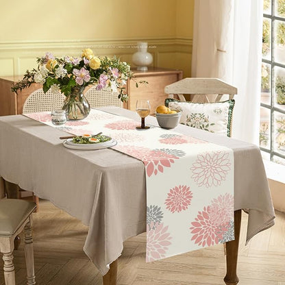 Pink Gray Table Runner Dahlia Pinnata Flower Beige Table Runners Modern Elegant - Image 2