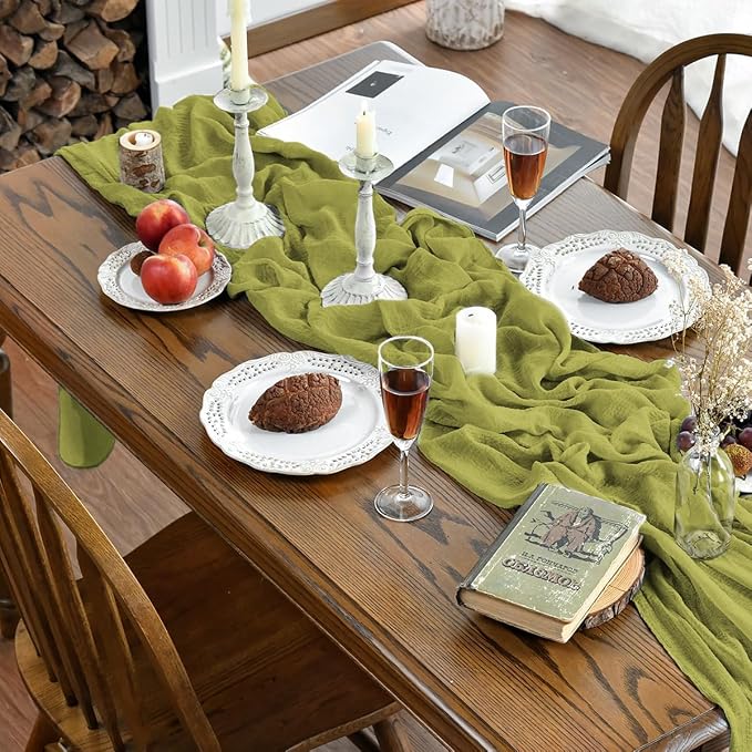 Artoid Mode Boho Cheesecloth Gauze Grass Green Wedding Table Runner, 120 Inch - Image 2