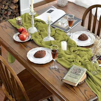 Artoid Mode Boho Cheesecloth Gauze Grass Green Wedding Table Runner, 120 Inch - Image 2