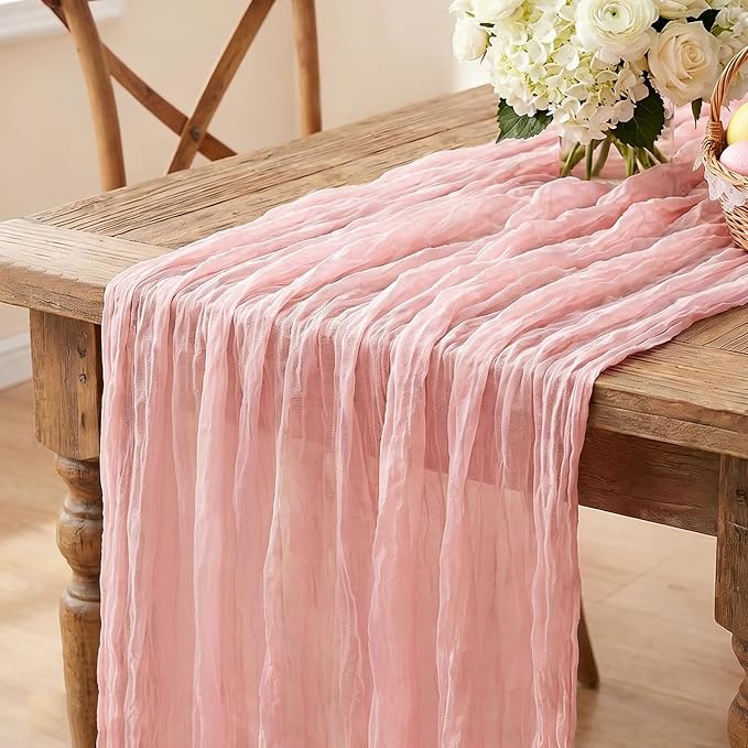 3Pcs Pink Cheesecloth Table Runner, 10FT Dusty Pink Boho Gauze Table Runner by Miucat