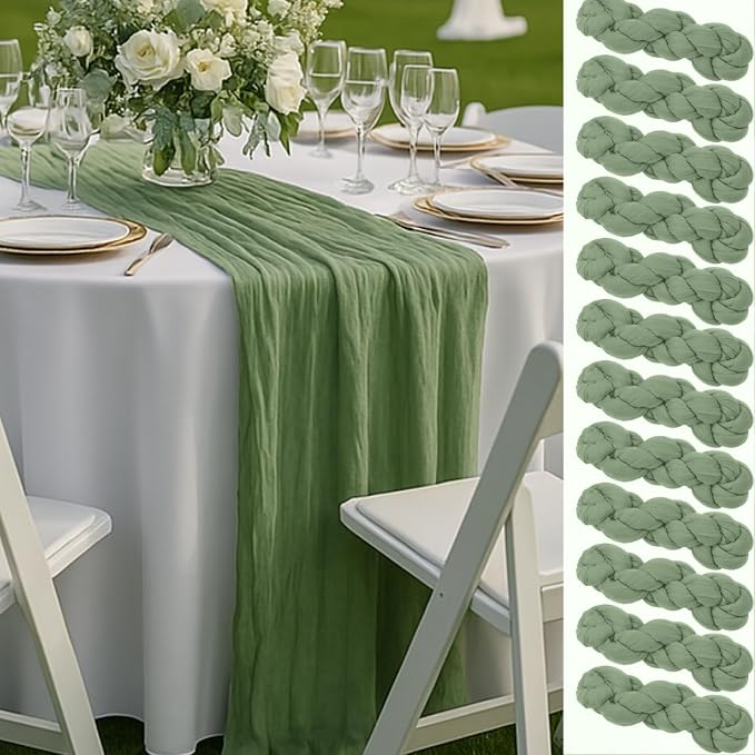 12 Pack Sage Green Cheesecloth Table Runners – 10FT Rustic Gauze Bulk Set by HQ-SITE