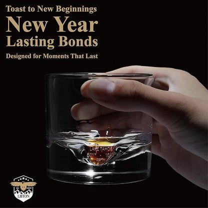 LIITON Lake Tahoe Heavy Crystal Whiskey Glasses Gift Set of 2, Thick Freezable Bourbon Glass 1lb Each, Premium Whiskey Gifts for Men, Frozen Crystal Chills Cocktails, 10 oz