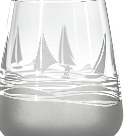 Rolf Glass Regatta Stemless Wine Tumbler 15.75 ounce | Proudly Made in the USA | Set of 4 Nautical Stemless Wine Glasses | Lead-Free Glass | Etched Tumbler Glasses