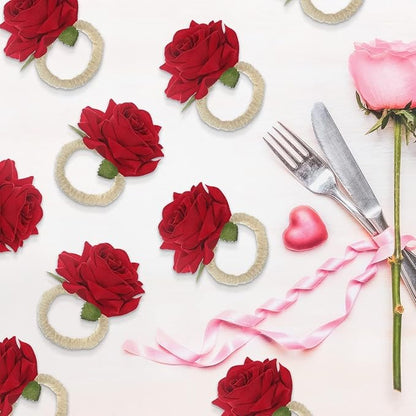 Set of 24 Red Napkin Rings Red Rose Napkin Rings Handicraft Flower Pink Flower Napkin Holder Wedding Napkin Holder Table Decoration for Mother Day Party