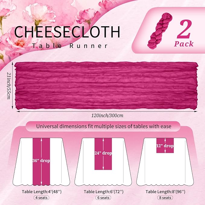Showgeous 2 Pack Fuschia Cheesecloth Table Runners Boho Wedding Decor | Rustic - Image 2