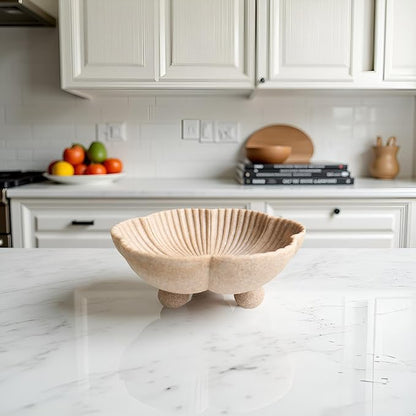 Large Decorative Bowl decor, Scalloped Pedestal Bowls for Modern Home Decor,Ruffle Decor,Stylish Key Bowl for Entry Table,Decorative Fruit Bowl for Kitchen Counter, Artificial Stone Beige