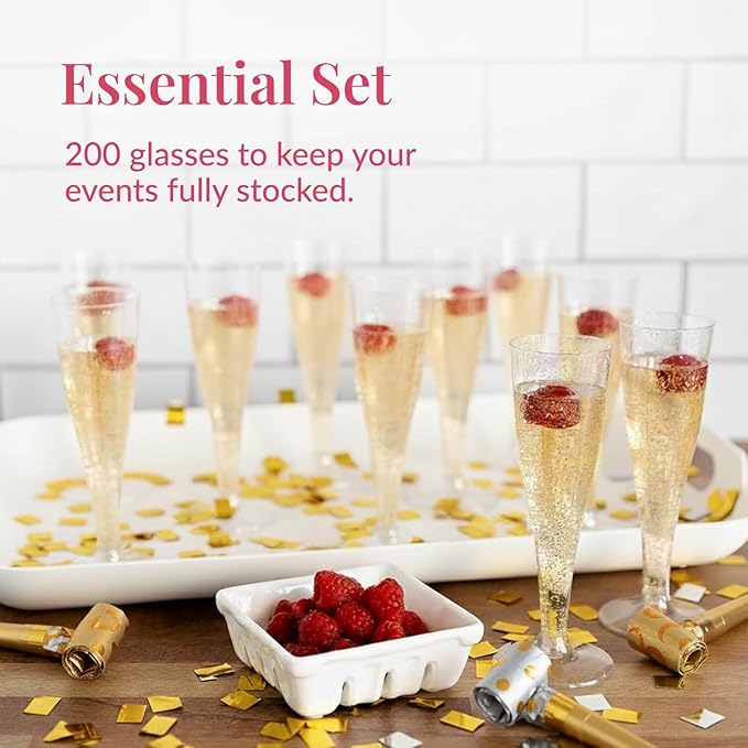 Prestee 200 Disposable Champagne Flutes Gold Glitter Glasses - 4.5 Oz Plastic Champagne Cups for Parties, Wedding Toasts, Mimosa Bar, and New Year’s Eve - Elegant Bulk Gold Plastic Wine Flutes | Disposable, Gold Glitter, Glasses, Champagne Cups, for Pa...