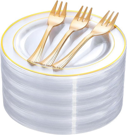 DaYammi 240Pcs Dessert Plates Include 120Pcs Gold Cake Plates 6.3inch with 120Pcs Gold Plastic Forks 5.7inch,Clear gold plates Disposable Salad Plate for Party Appetizer Plate for Wedding Birthday