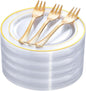 DaYammi 240Pcs Dessert Plates Include 120Pcs Gold Cake Plates 6.3inch with 120Pcs Gold Plastic Forks 5.7inch,Clear gold plates Disposable Salad Plate for Party Appetizer Plate for Wedding Birthday
