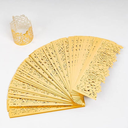 100pcs Disposable Rose Flower Paper Napkin Rings Laser Cut Foil Paper Napkin Holder, Leaf Vine Serviette Rings for Table Decoration,Christmas,Wedding,Party (Gold)