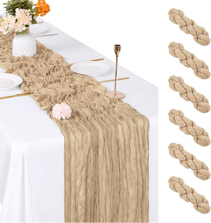 6 Pack Beige Cheesecloth Table Runner, 17 x 108 inch, Semi Sheer Boho Cheese by ACSUIT