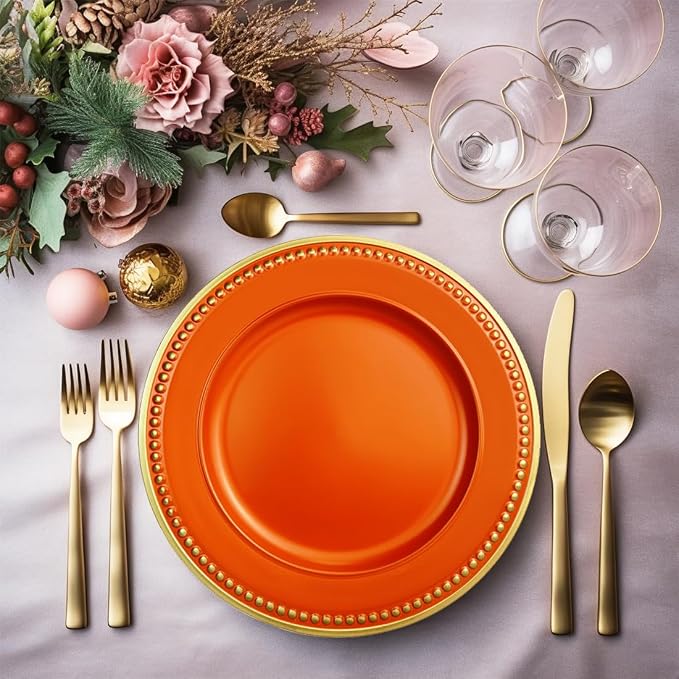 Orange Beaded Charger Plates, 13 Inch Plastic Round Chargers - Image 2