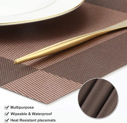 DACHUI Heat-Resistant Placemats Stain Resistant Anti-Skid Washable PVC Table Mats Woven Vinyl Placemats (4pcs, Brown-Cross)
