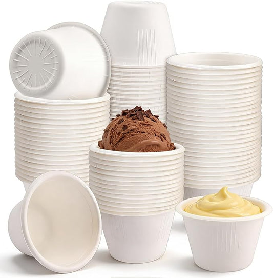 LeonBach 100 Pack Natural Bagasse Fiber Bowls,4oz Small Disposable Paper Bowls Microwavable Safe Sample Snack Cups Charcuterie Serving Cups for Sauce Portion Condiment Ice Cream Desserts, White