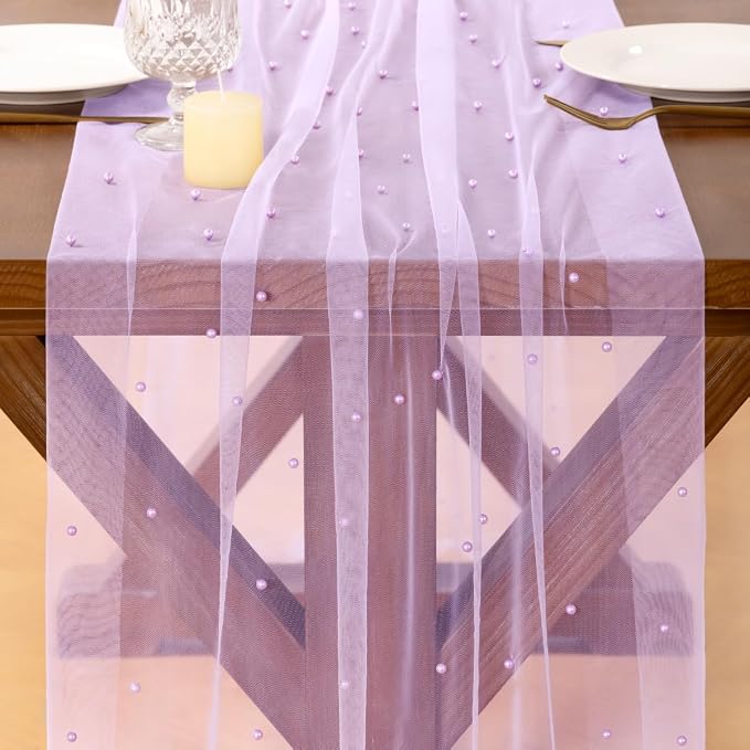 Pearl Table Runner Summer Tulle Gauze Sheer Wedding Party Home Decor | Lilac - Image 5