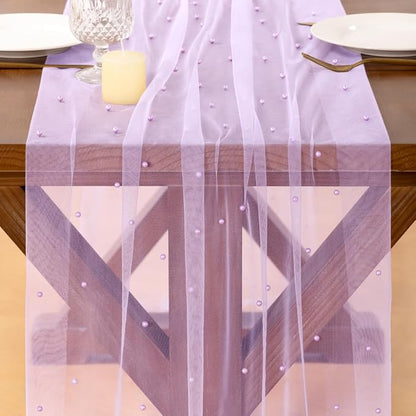 Pearl Table Runner Summer Tulle Gauze Sheer Wedding Party Home Decor | Lilac - Image 5