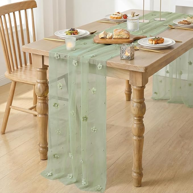 Artoid Mode Sage Green Flower Pearl Green Gauze Table Runner 10FT, Seasonal - Image 6