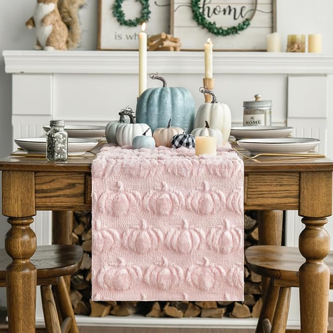 Artoid Mode Pink Soft Faux Fur Pumpkins Fall Table Runner 13x72 Inch | Seasonal - Image 3