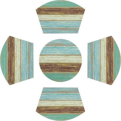 SHACOS Small Round Table Placemats Set of 5 Woven Vinyl Wedge Placemats with Centerpiece Round Table Mats Wipe Clean, Teal Brown Stripe Wood Board