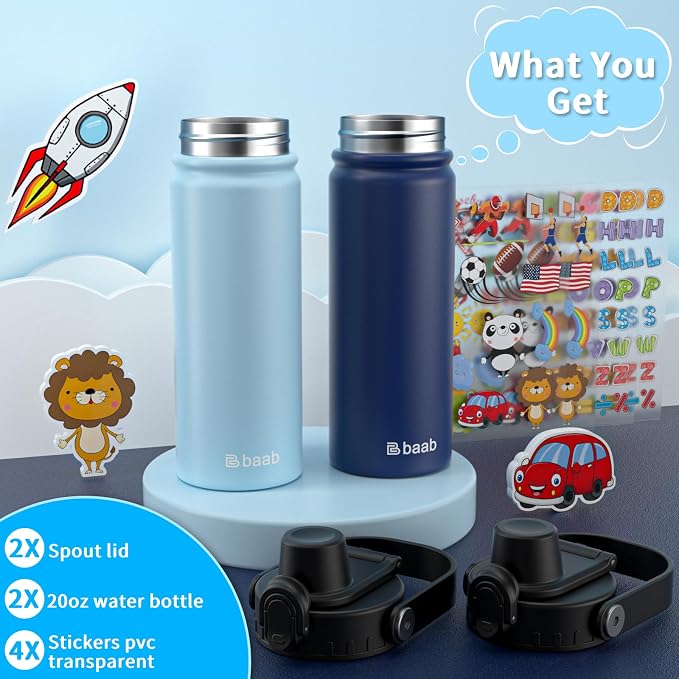 baab 20oz Kids Insulated Water Bottle 18/8 Stainless Steel Kids Cup 2 Pack | - Image 7