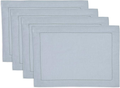 Solino Home Linen Cloth Placemats Set of 4-100% Pure Linen Hemstitch Dusty Blue Placemats 14 x 19 Inch - Classic Hemstitch Table Place Mats for Winter, Spring, Easter