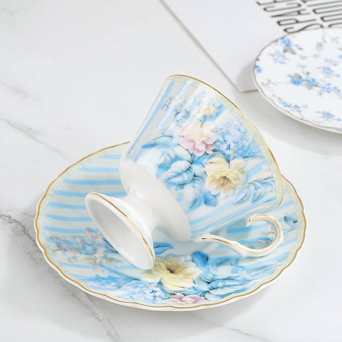 fanquare Vintage Blue Striped Tea Cup and Saucer, Hydrangea Flower Coffee Mug - Image 3