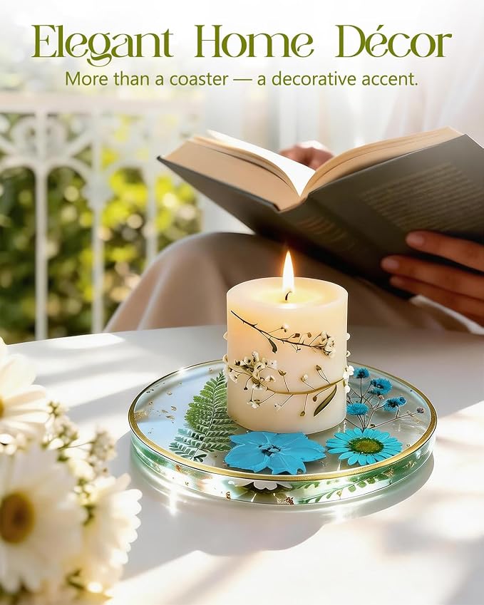 Oqplog Resin Drink Coasters for Desk Coffee Table-Blue Cute Dried Flowers Cup - Image 5