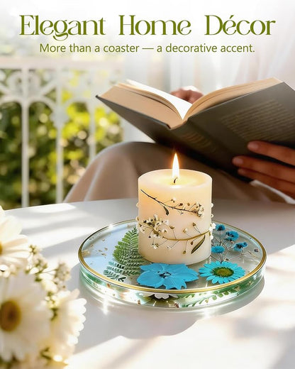 Oqplog Resin Drink Coasters for Desk Coffee Table-Blue Cute Dried Flowers Cup - Image 5