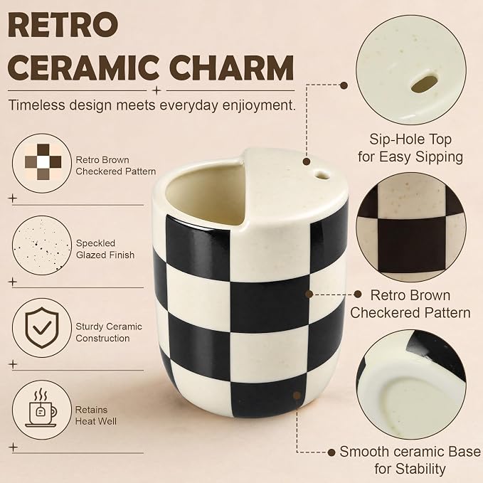 Ceramic Mug with Sip Hole 10 oz Novelty Checkered Coffee Mug | Hand Painted - Image 3