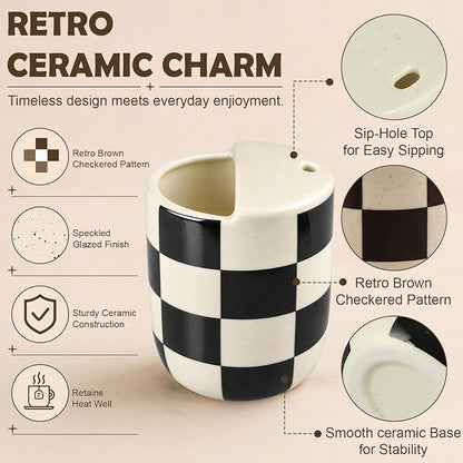 Ceramic Mug with Sip Hole 10 oz Novelty Checkered Coffee Mug | Hand Painted - Image 3