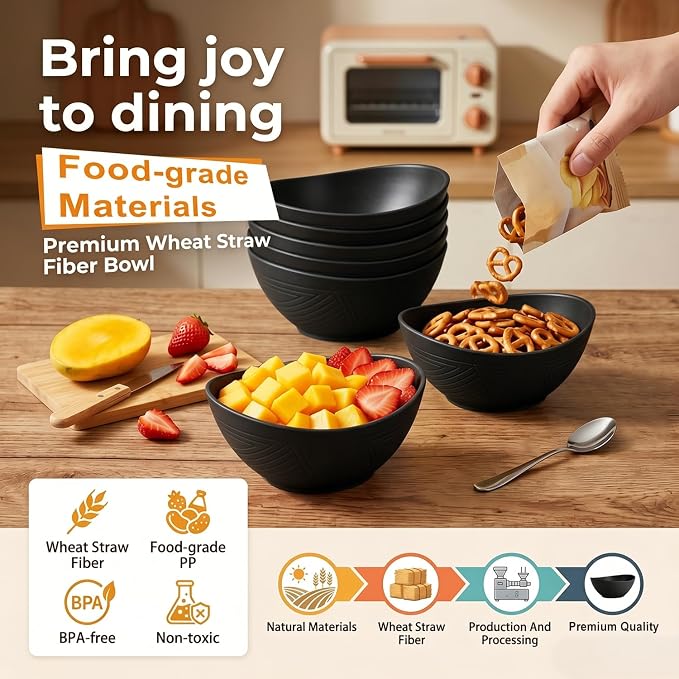 Cereal Bowls Sets of 6, Unbreakable & Lightweight Wheat Straw Bowls 26oz - Image 3