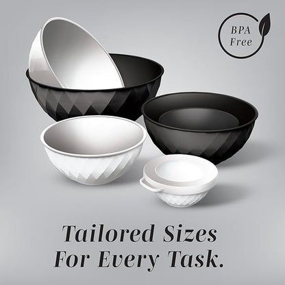 COOK WITH COLOR Mixing Bowls with Lids - 12 Piece Plastic Nesting Bowls Set includes 6 Prep Bowls and 6 Lids, Diamond Design - Microwave Safe, Black and White