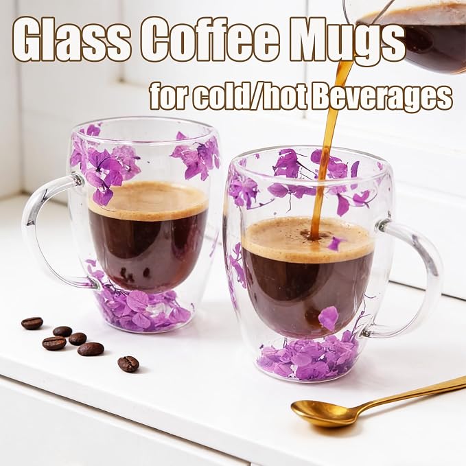Viovian 13oz Double Wall Glass Coffee Mugs Set of 2 Insulated Glass Coffee Cups - Image 3