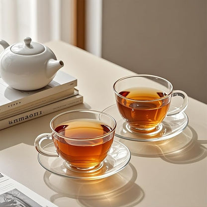 7oz Glass Tea Cups and Saucers, 6 Pack Clear Teacup and Saucer Set, Glass Tea - Image 2