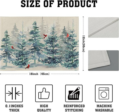 Winter Forest Tree Placemats Set of 4，Pine Tree Christmas Red Bird Heat Resistant Non Slip Place Mats Cotton Linen Tablemats for Dining Table Kitchen Decor 18 x 12 Inch
