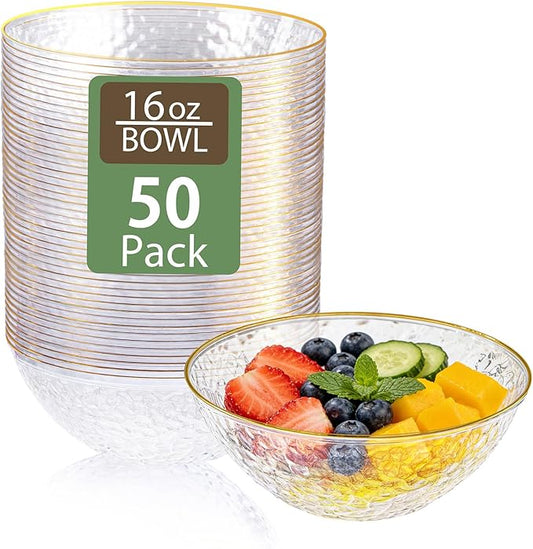 Tinybee 50 Pack Clear Plastic Bowls - Clear Disposable Bowls for Party with Gold Rim, 16-20oz Premium Hammered Bowls Disposable Heavy Duty, Plastic Salad Bowls for Milk Cereals, Snacks, Salads