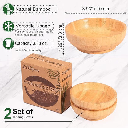 Bamboo Snack Bowls, Small Low Serving Bowls for Charcuterie/Fruit/Candy, 3.4 oz Handmade Dipping Bowl for Spice/Salsa/Tomato Sauce, Farmhouse Wooden Ramekins for Kitchen Set of 2
